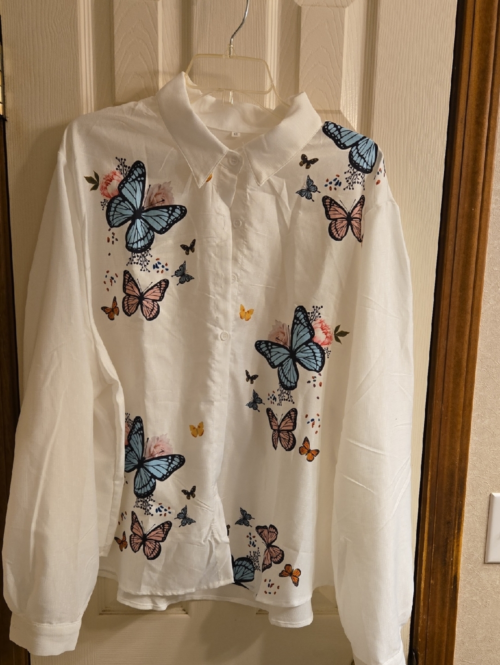 Women’s White Button-Down Shirt with Blue & Pink Butterfly Print
